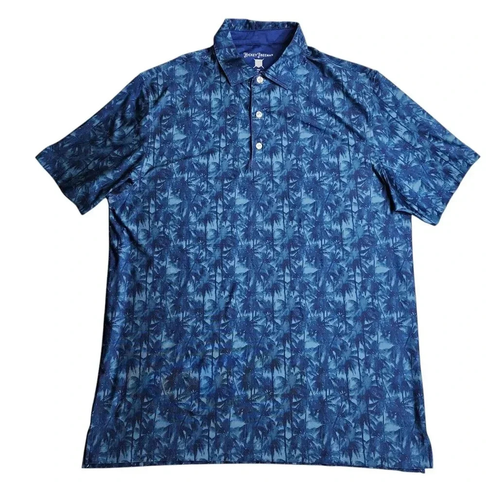 Hickey Freeman Golf Polo Palm Tree Print Stretch‎ Performance Preppy Size Medium